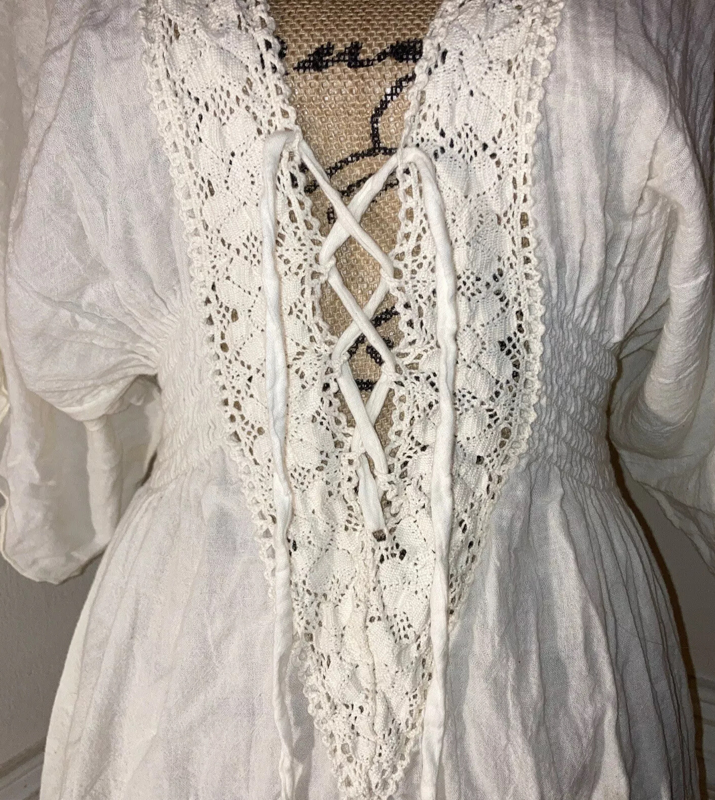 Womens Vintage Fairy Blouse Elan Lace Up Bohemian Natural Cotton Top Sz Medium F