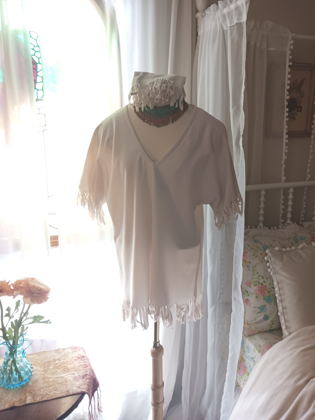 Vintage 70s Cream Ivory Fringe Tunic Tribal Faux suede matching belt or hairwrap