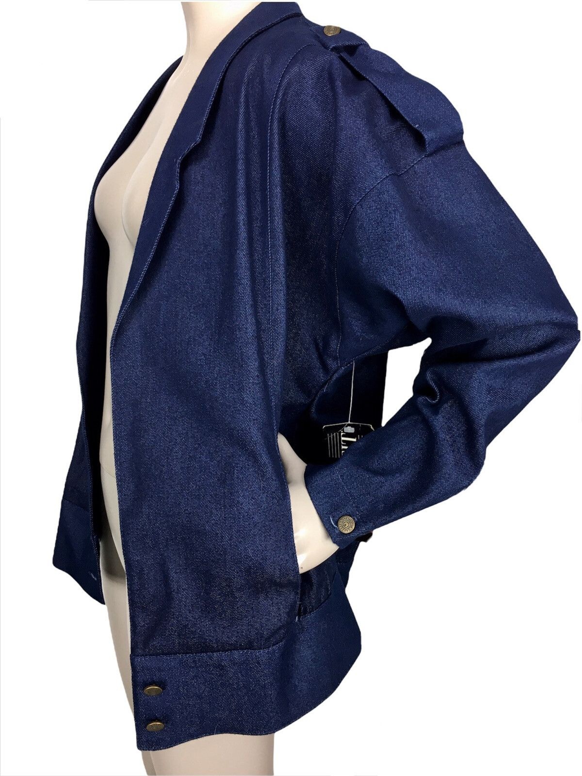 Vintage 70s Pykettes Dark Blue Denim Jean Blazer Jacket Shoulder Straps NEW NOS