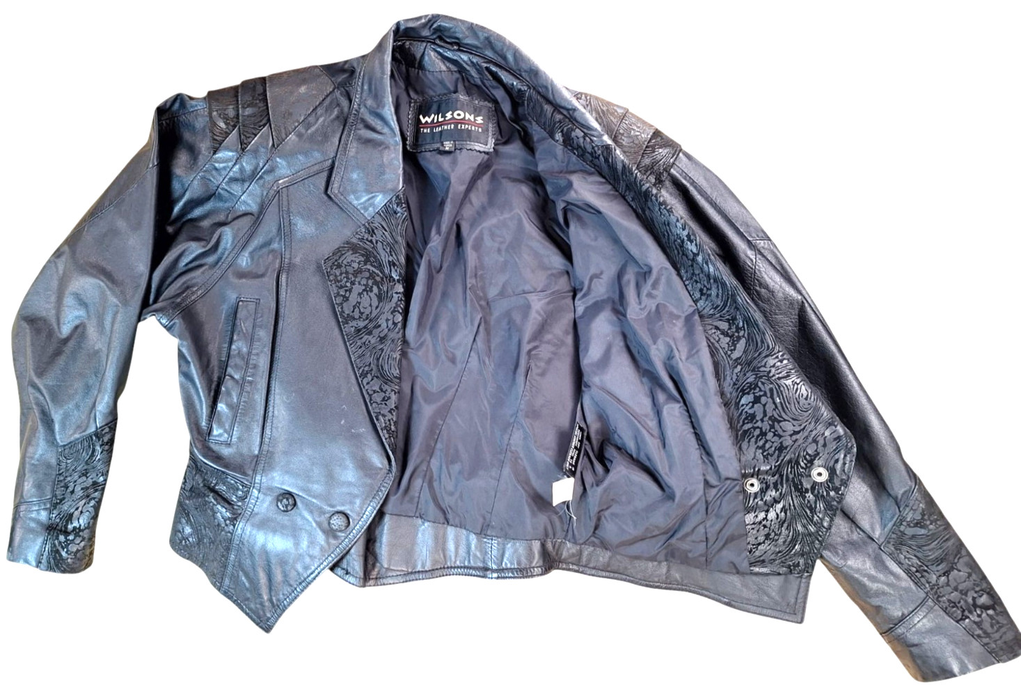 VTG Wilsons 100% Leather Moto Jacket 1980s-90s Black Women MEDIUM Floral Paisley