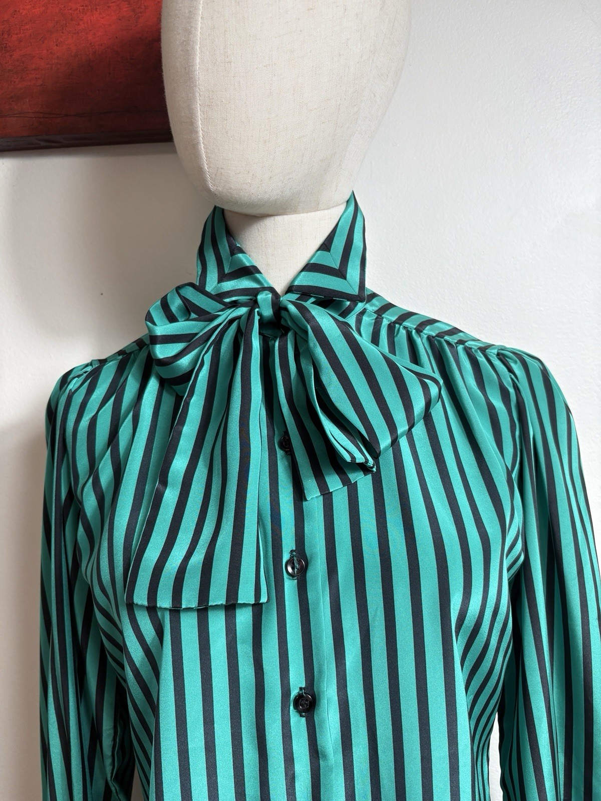 Vintage Pussy Bow Scarf Blouse Button Up Women’s 8 Striped Green Made In USA