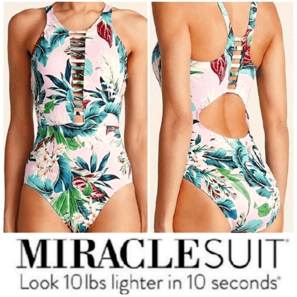 Miraclesuit Pink Floral High Neck Swimsuit Sz Medium