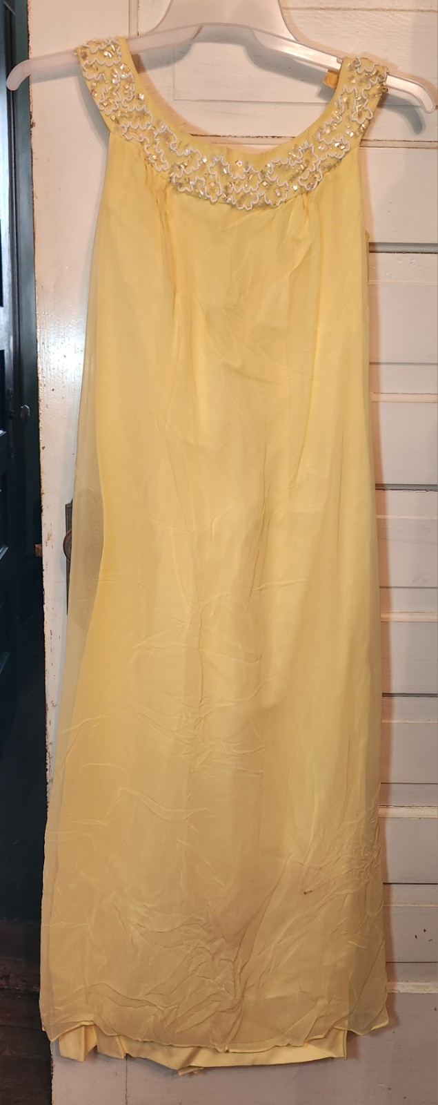 Vintage 60s Yellow Floor Length Dress Beaded Neckline Small Prom Ball