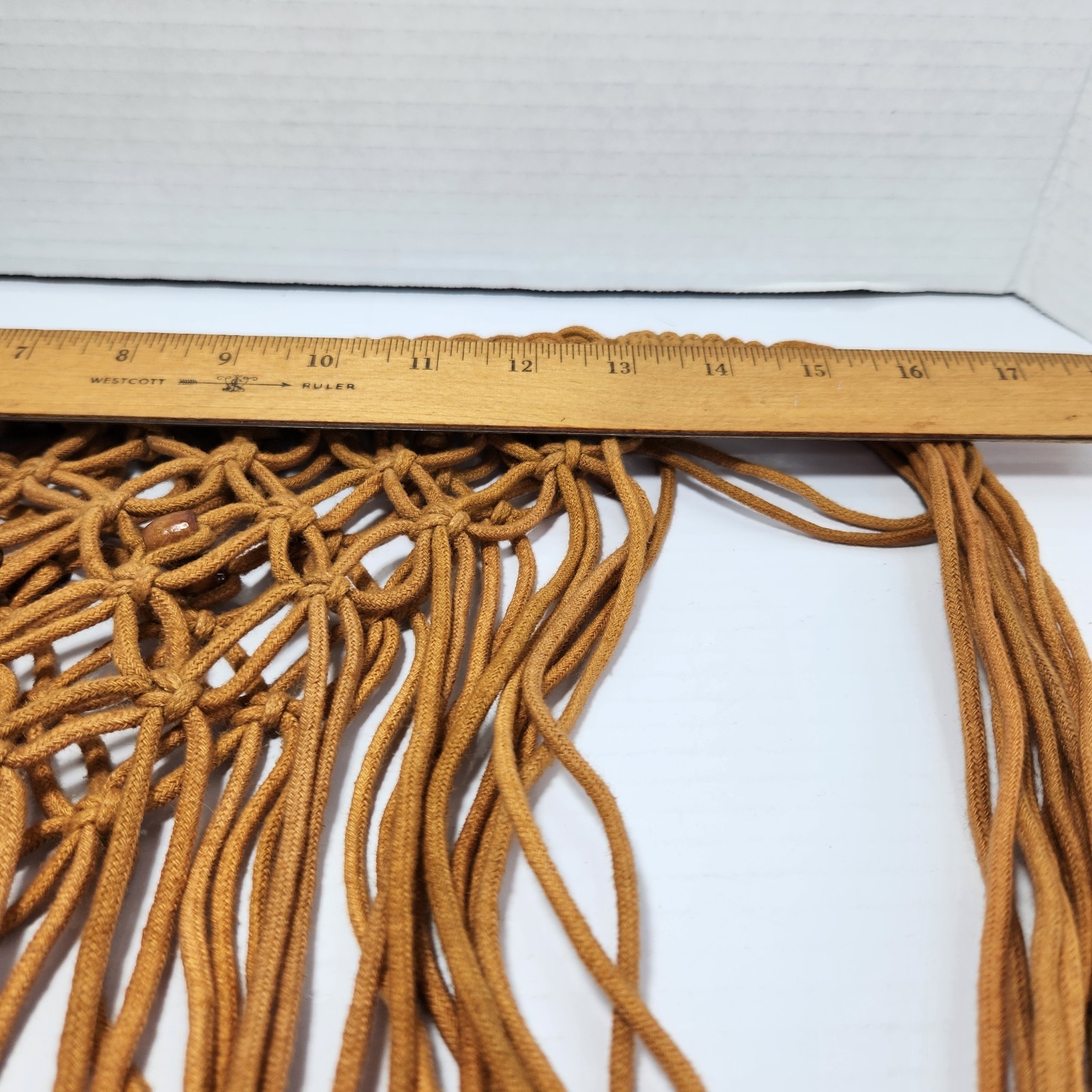 Vintage Boho Macrame Bikini Cover Up Tan Fringe Wood Beads Festival Wear