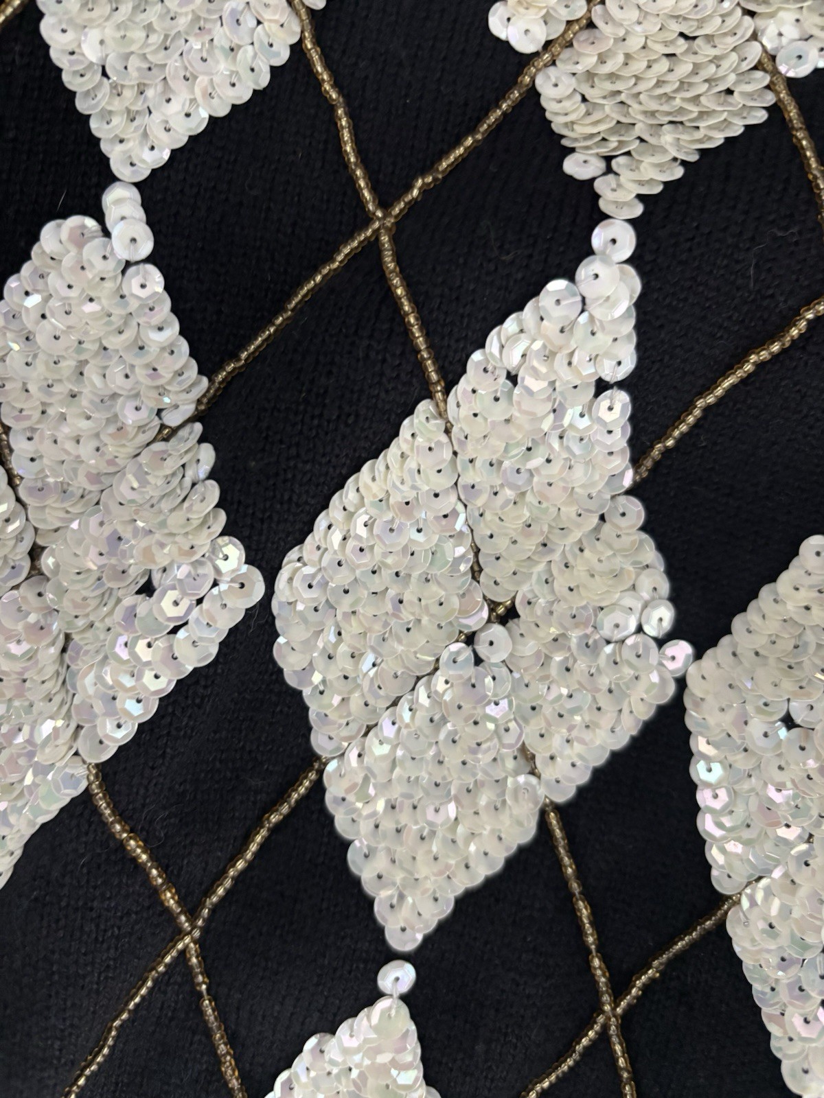 Vintage 1980’s All Over Sequin Trophy Sweater Black White Harlequin Diamond M