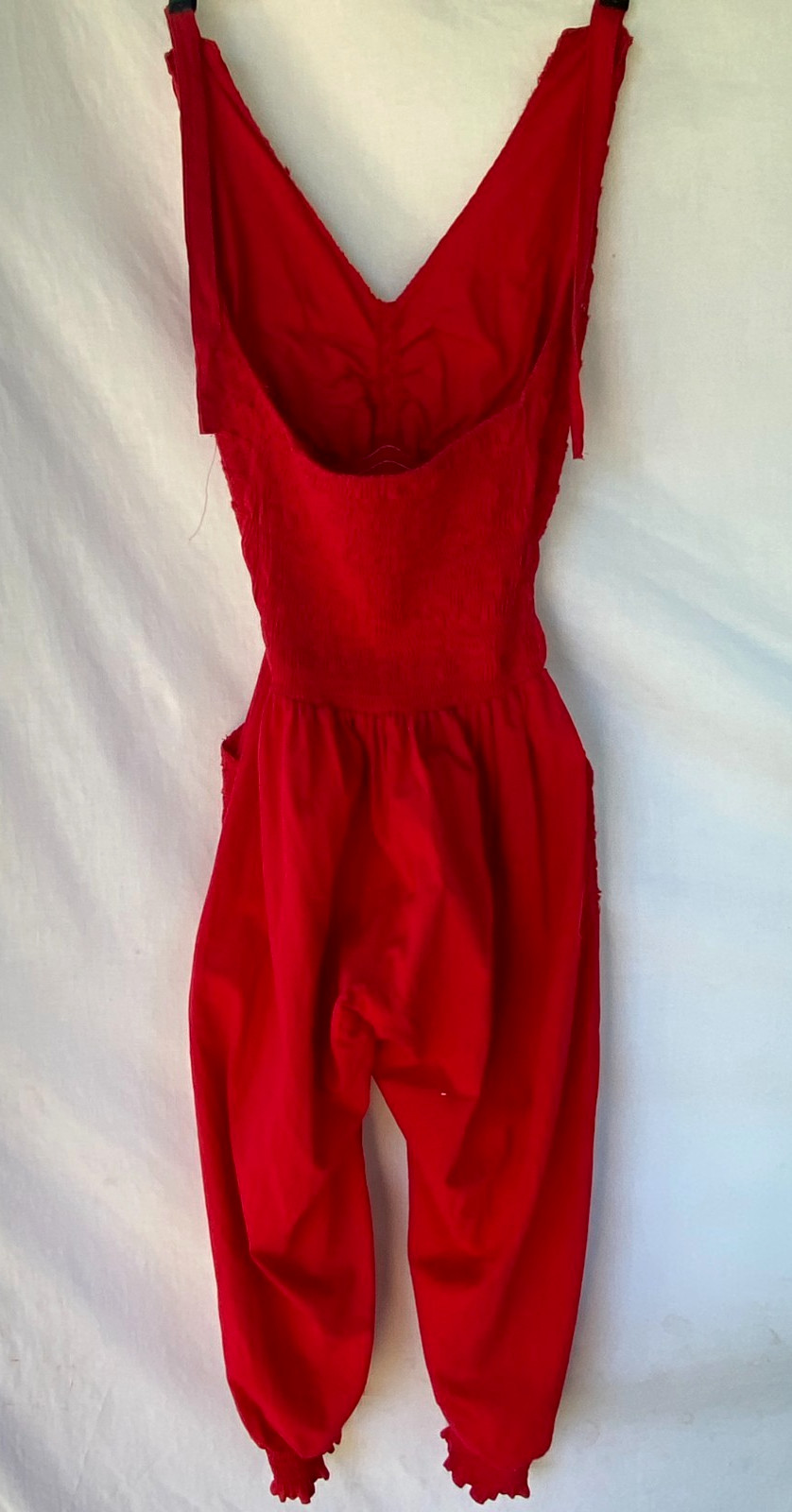 Vintage 1980s Red Boho Harem Jumpsuit Embroidered Floral Lace Halter Romper XL