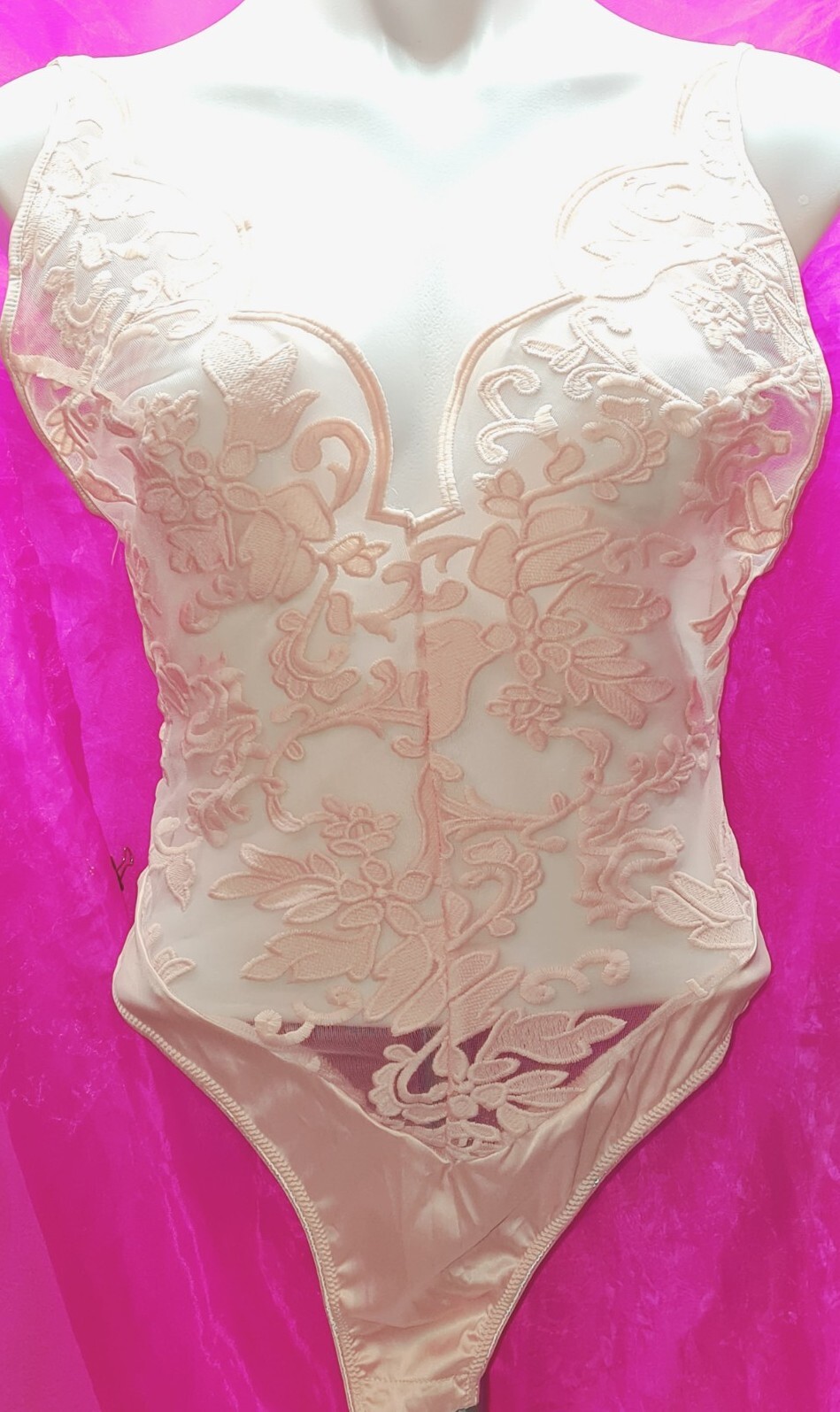 Vtg Hot Embroidery Teddy Semi Sheer Nude Size M