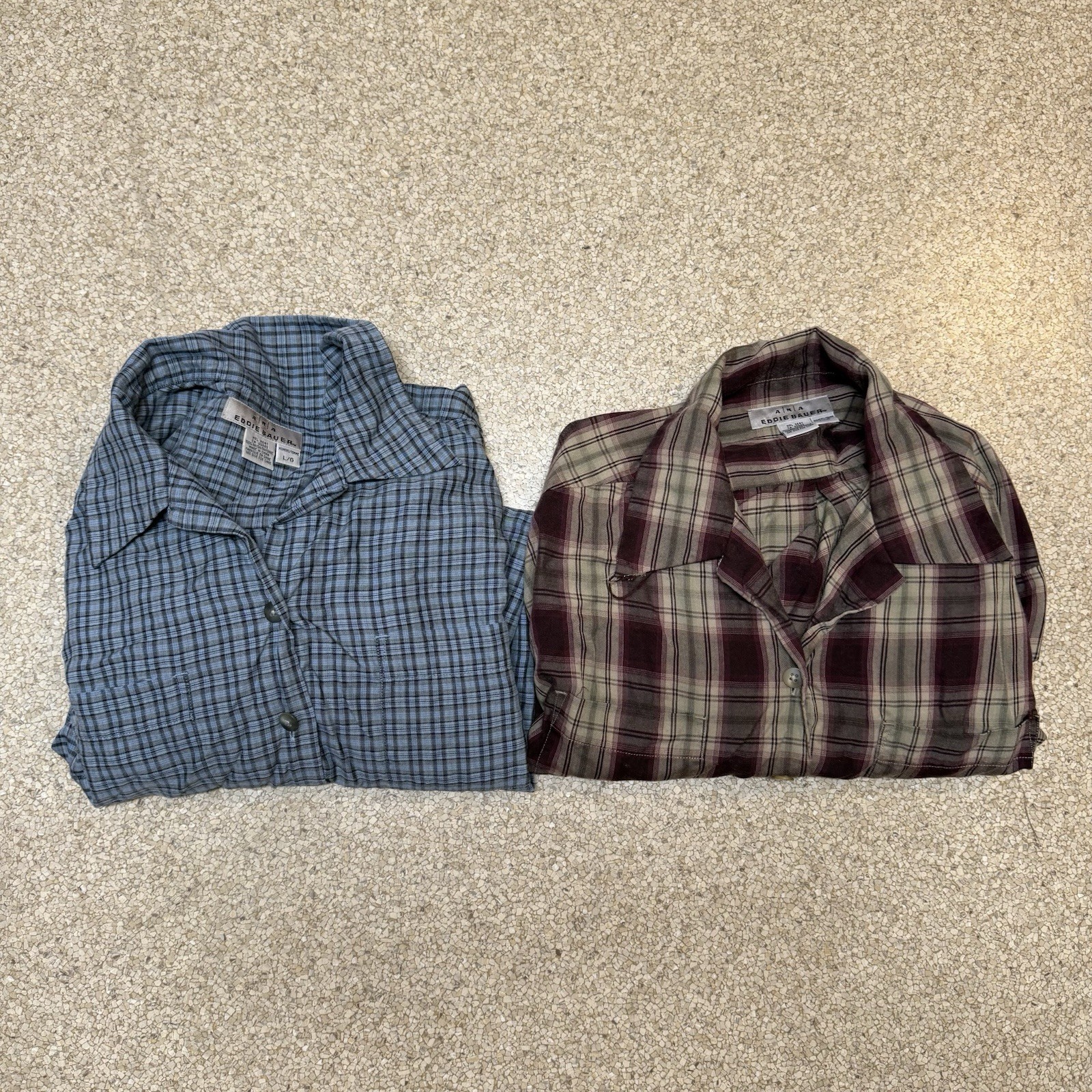 Two (2) Vintage Eddie Bauer Women’s Long Sleeve Plaid Shirts Size Lg Blue Purple