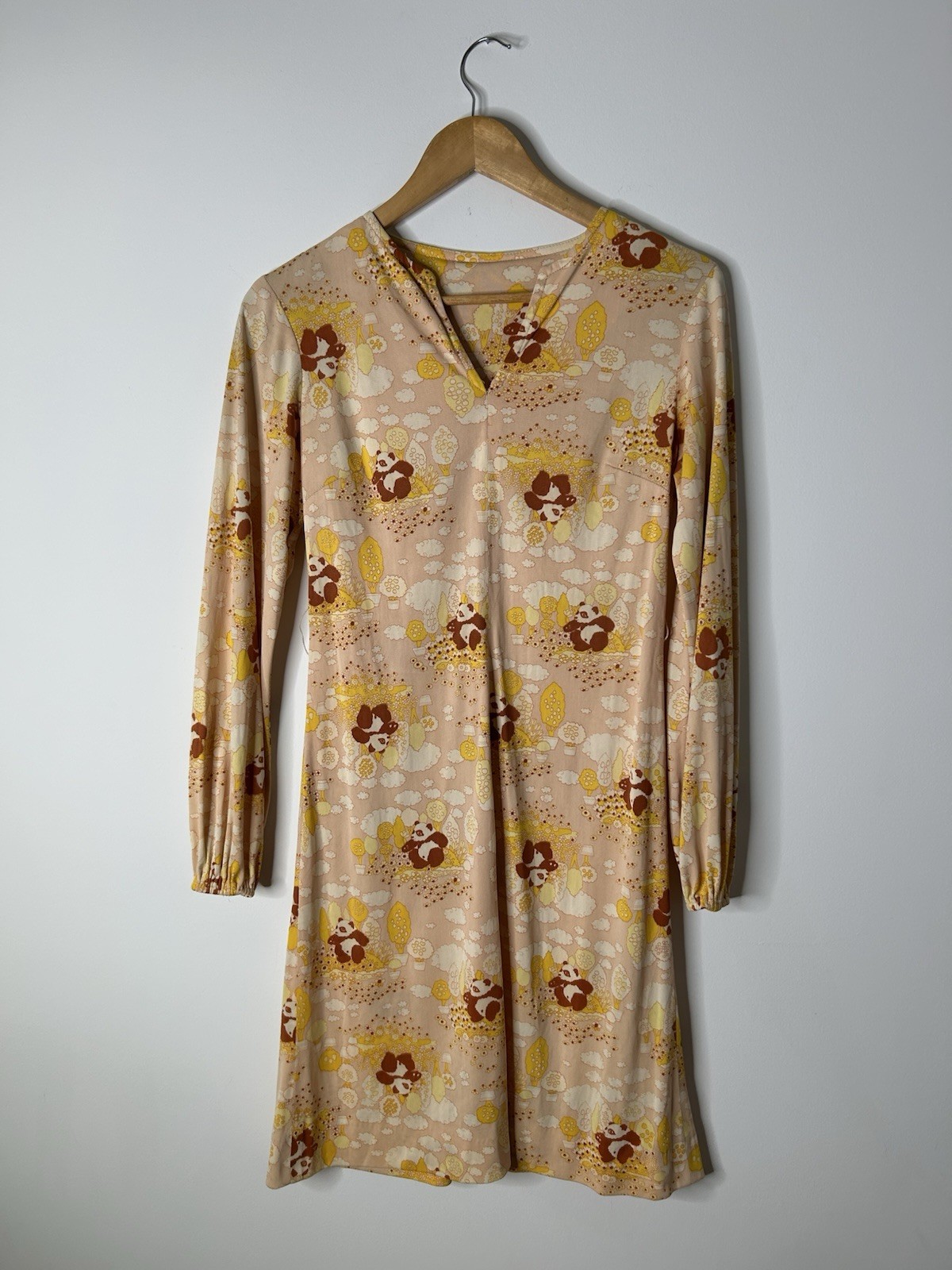 Vintage 1970’s Dress Women’s Multicolor Panda Print Novelty Midi Disco Everyday