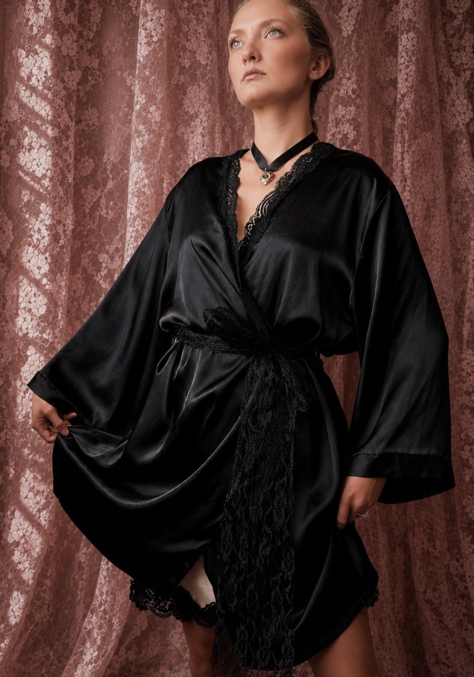 1990s black satin lace peignoir robe