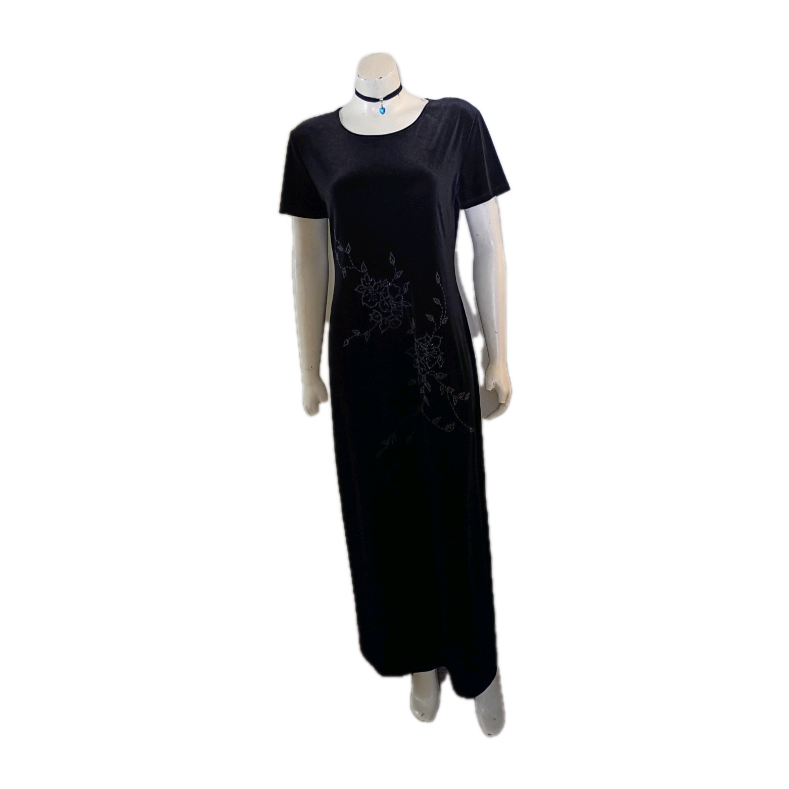 VTG 90s AGB Goth Style Black Velvet Maxi Dress W/ Silver Floral Pattern Sz 12
