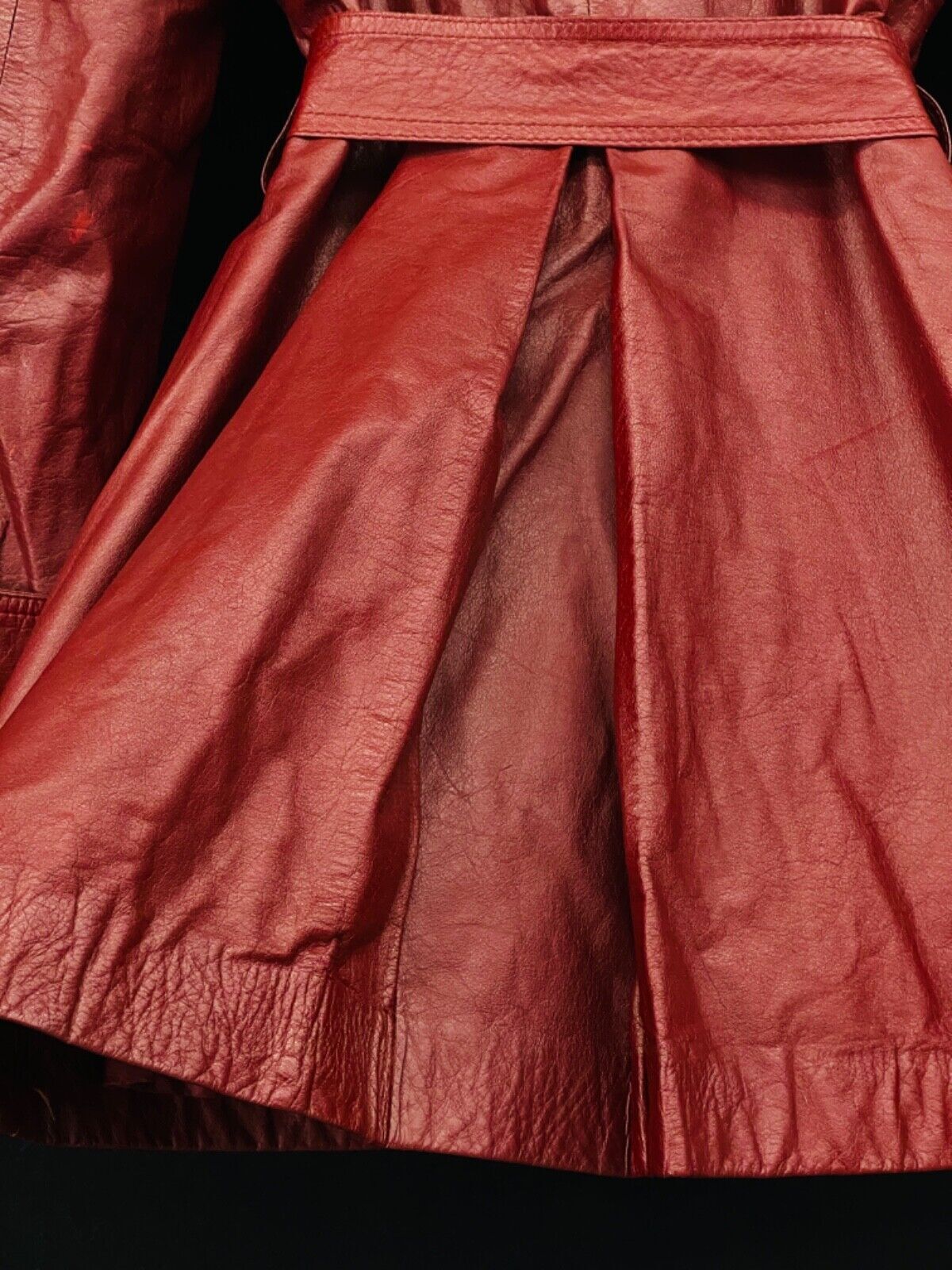 Vintage 1970s red leather jacket, genuine dark ox blood boho brown wrap trench M