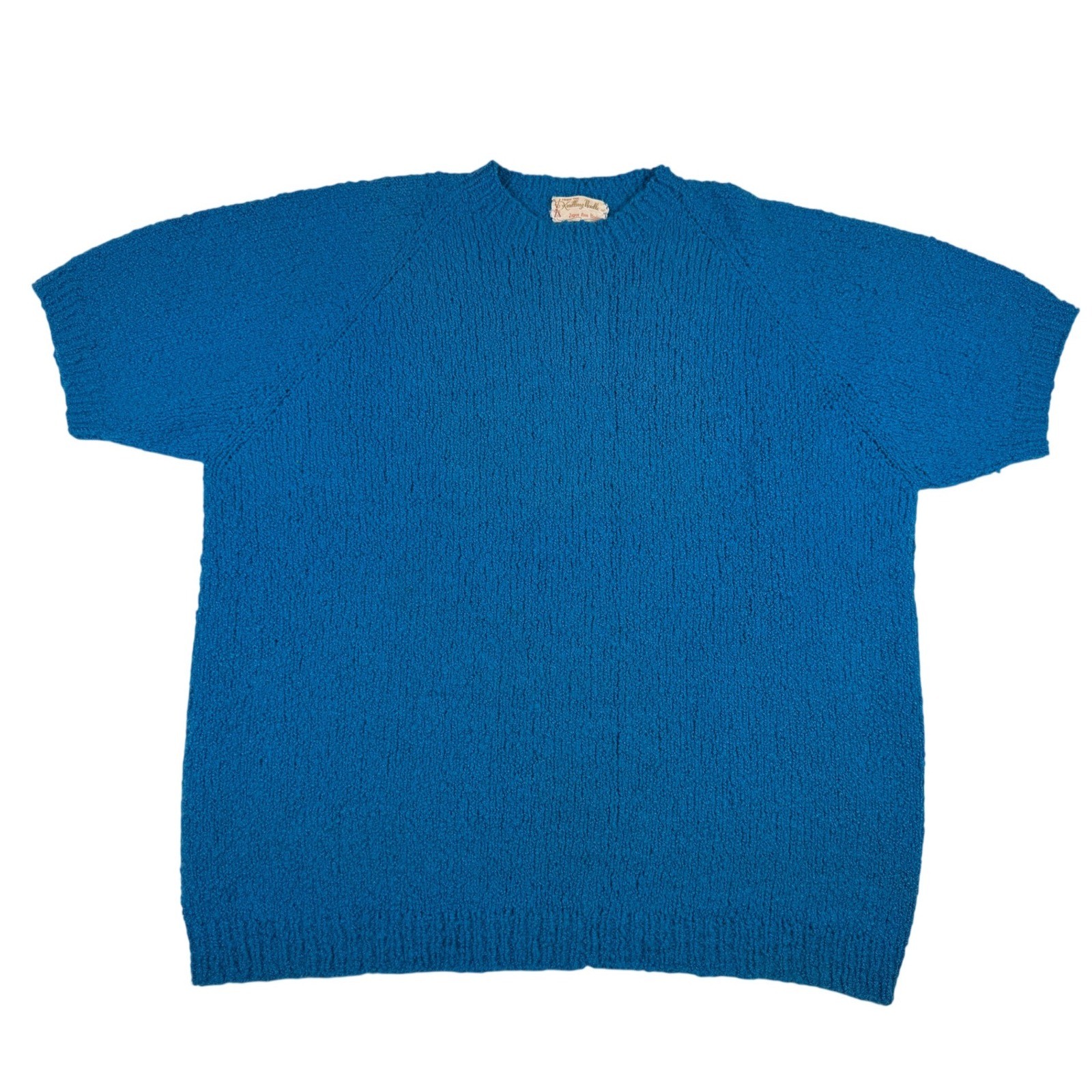 Vintage Hand Knit Short Sleeve Sweater Top Teal Aqua Bouclé Sweater Sz L