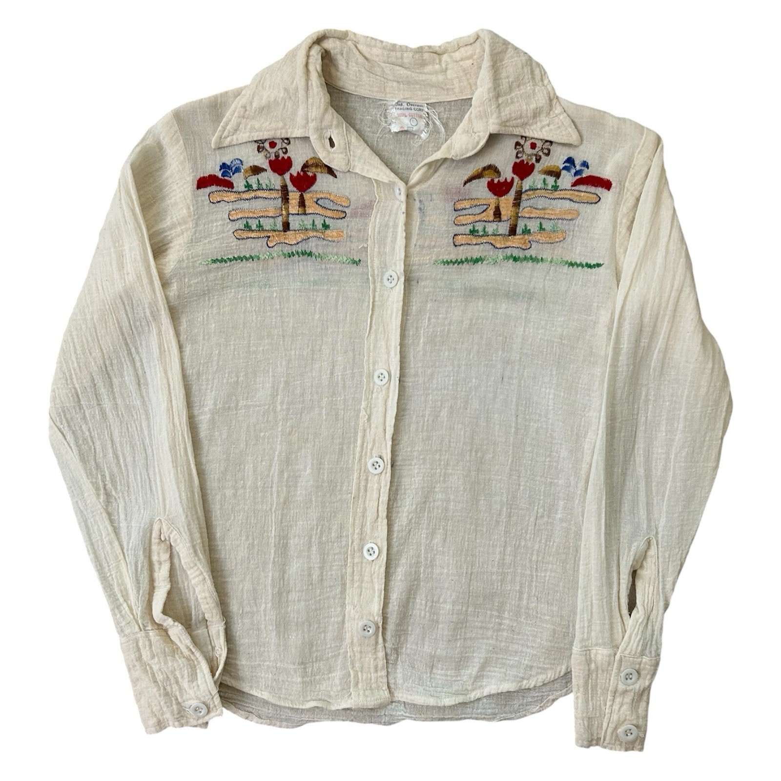VTG 1970s Scenic Floral Embroidered White Gauze Cotton Button Up Womens Sz S