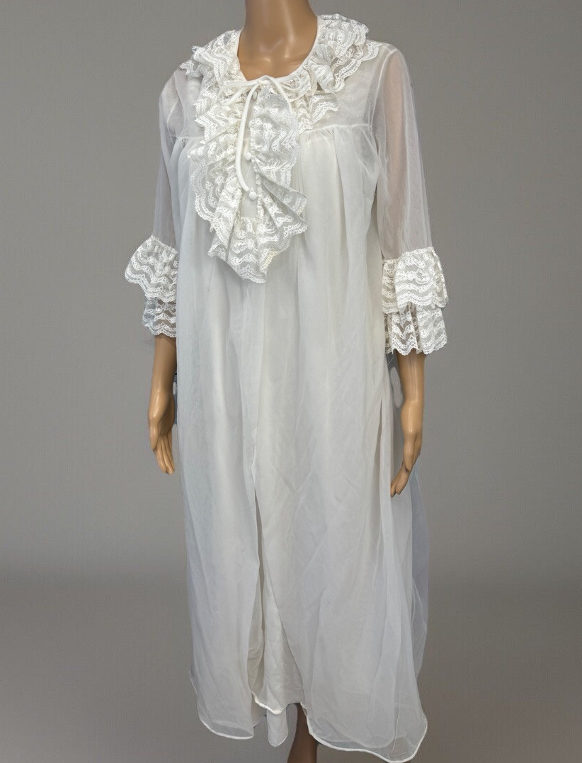 VTG Carol Brent Bridal White Lace Chiffon Peignoir Robe Nightgown Negligee Set