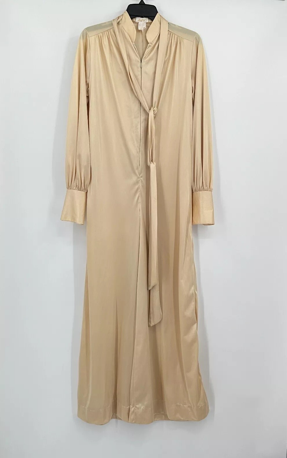 Vtg Le Voy’s Satin Jumpsuit Disco M Tan Long Sleeve Wide Leg Palazzo Pants Tie