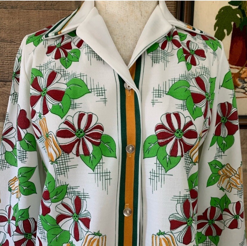 Vintage 1970’s Floral Boho Hippie Wide Pointy Collar Button Front Shirt Medium