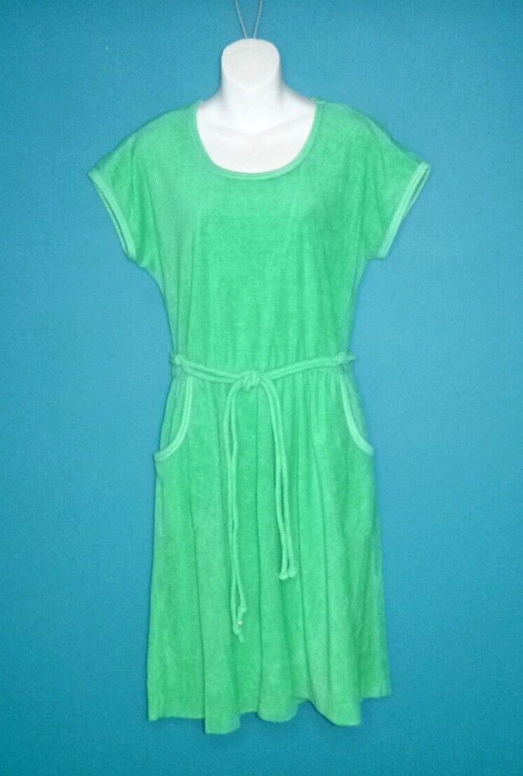 Vtg 70s Evelyn Pearson Bright Green Terry Cloth Casual Beach Dress Sz L