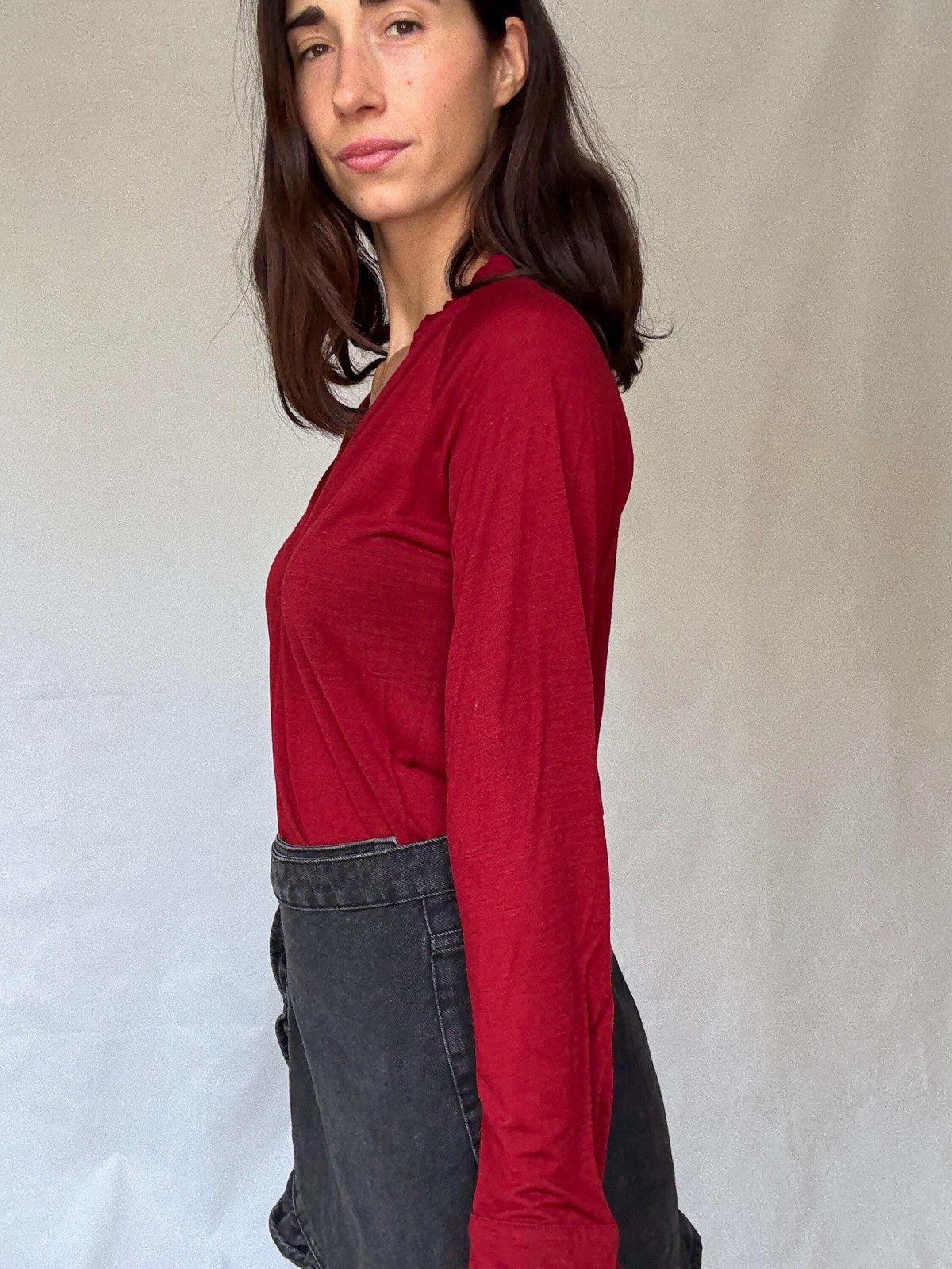 Super soft wool deep red long sleeve top, Red V-neck jumper jersey, Size S