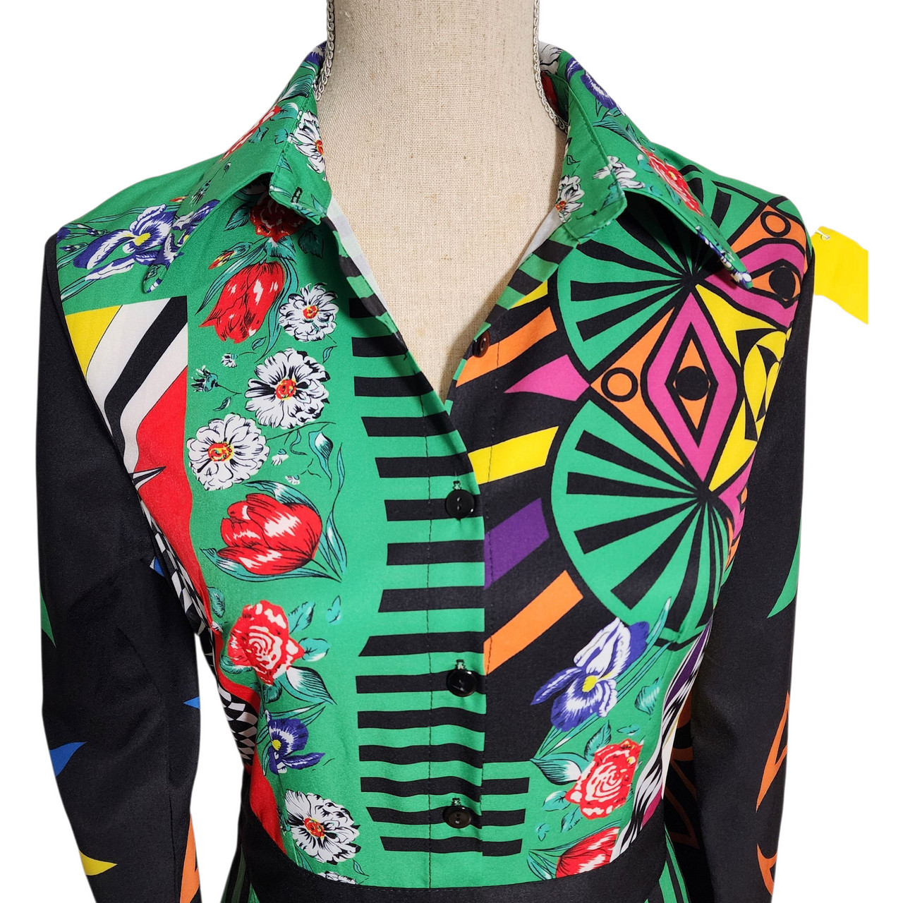 Vintage Style Elaine Five Graphic Maxi Shirt Dress Multicolor Optical Illusio…
