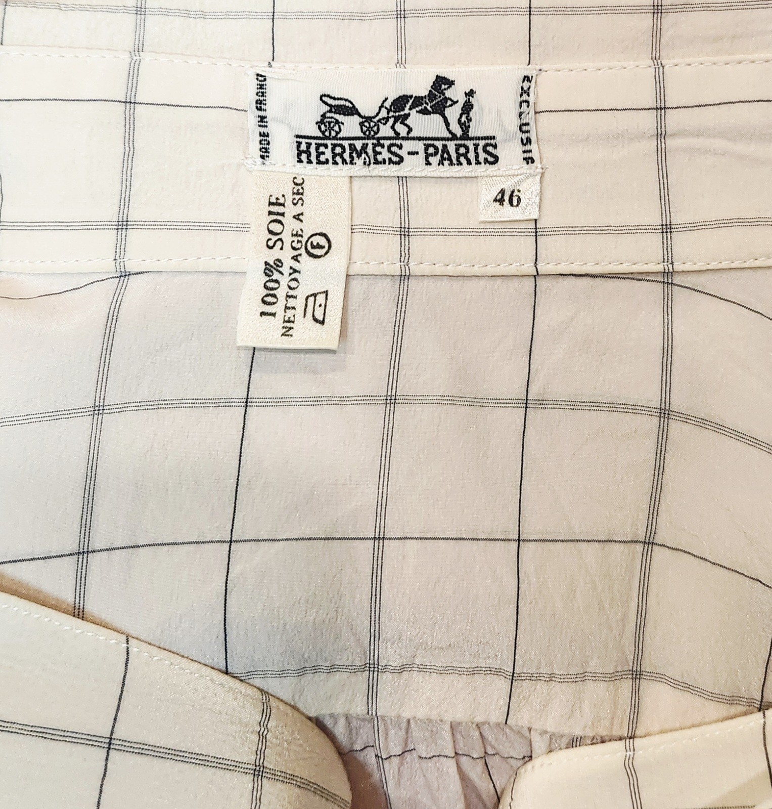 Vintage Hermès Paris Silk Blouse – Size 46 – Cream W/ Black – Luxury Designer