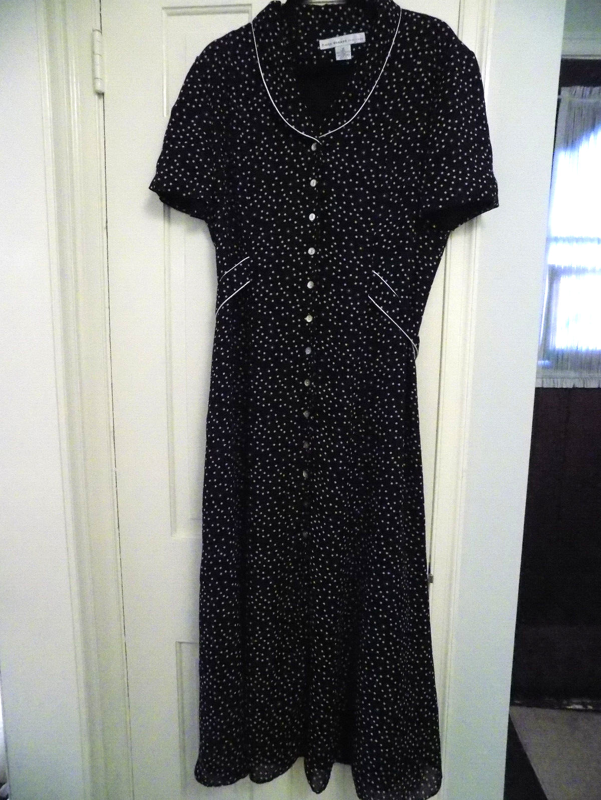 Vtg David Warren Full Button Front Shirt Dress Black White Polka Dot Sz 14 EUC