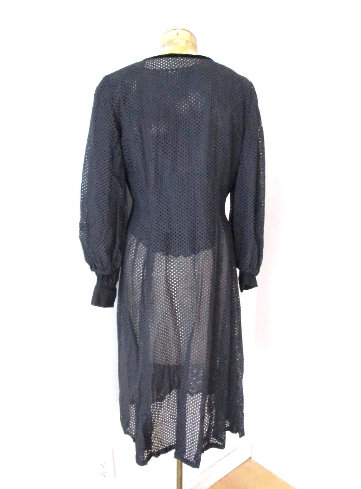 Antique 30s black cotton 2-pc dress top eyelet cutout dots lace velvet trim M