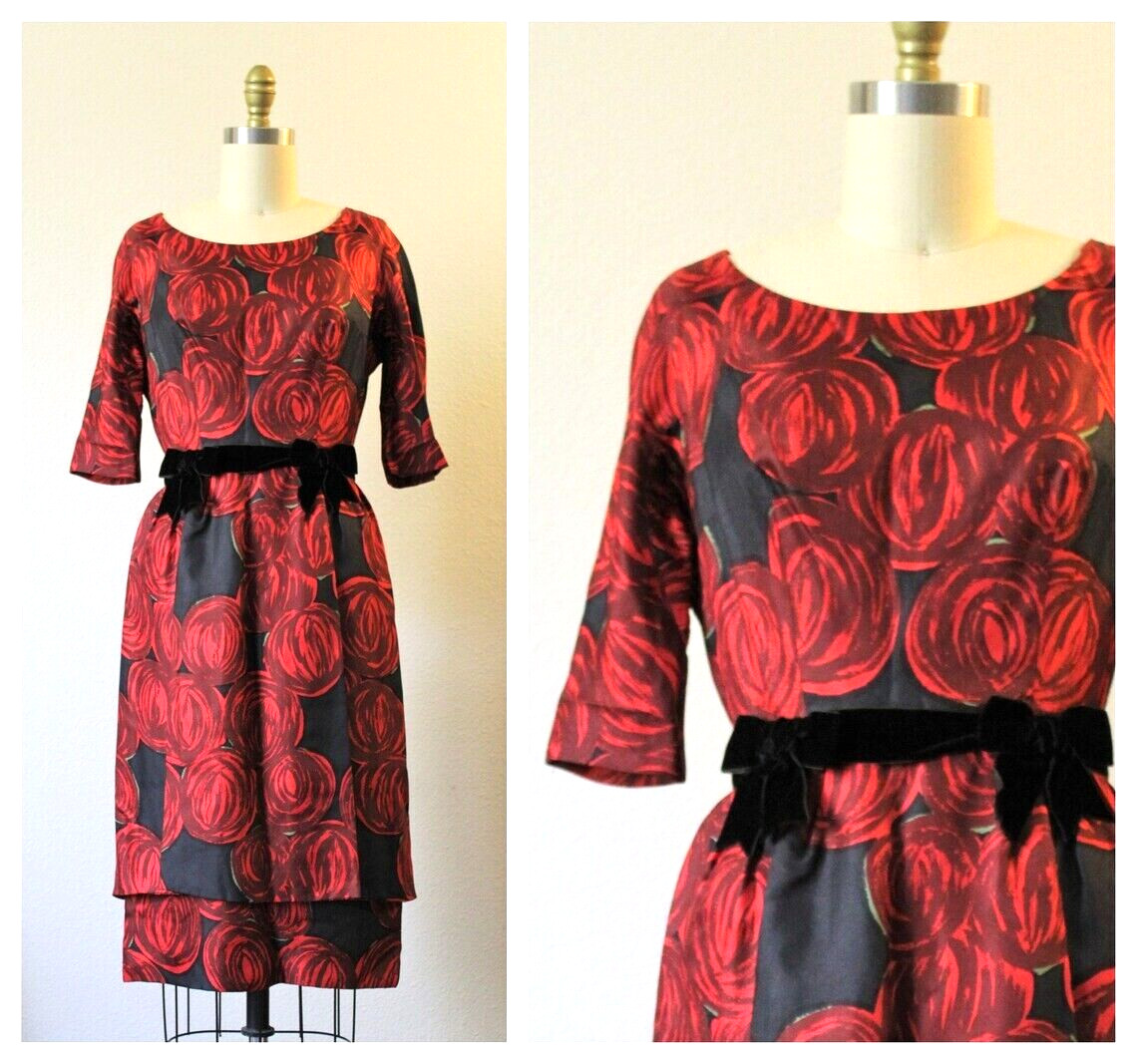 Vintage 50s Joseph Magnin silk Red Roses circles Wiggle Dress Floral Velvet Bows