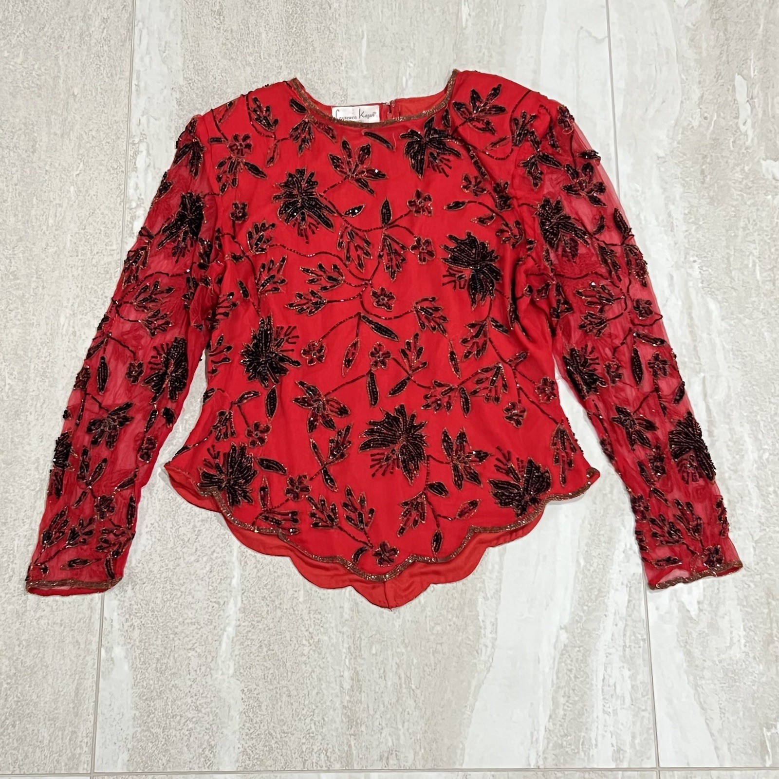 Vintage Laurence Kazar Beaded Top Red Floral Pure Silk Sz L EUC