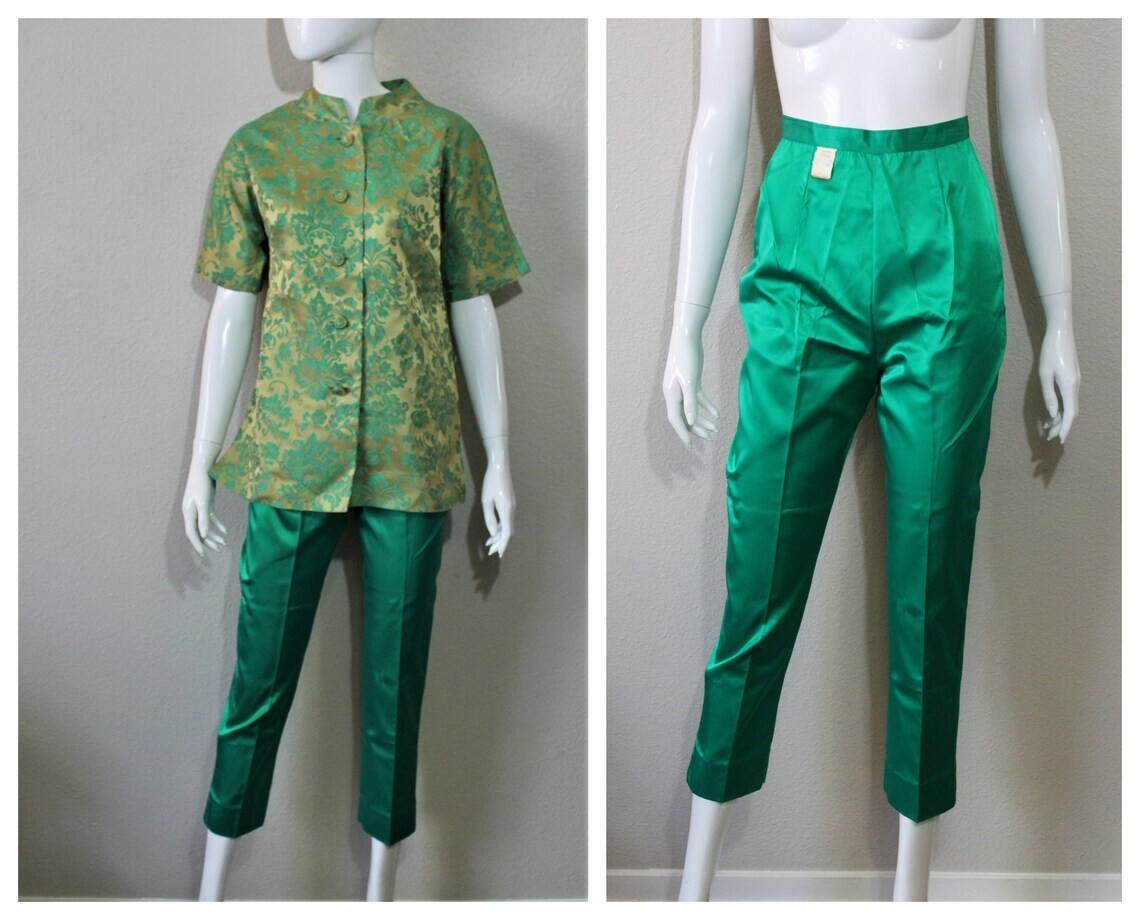 Vtg Alice of California NWT Emerald Green Damask Peddle Pushers Pants Top Set