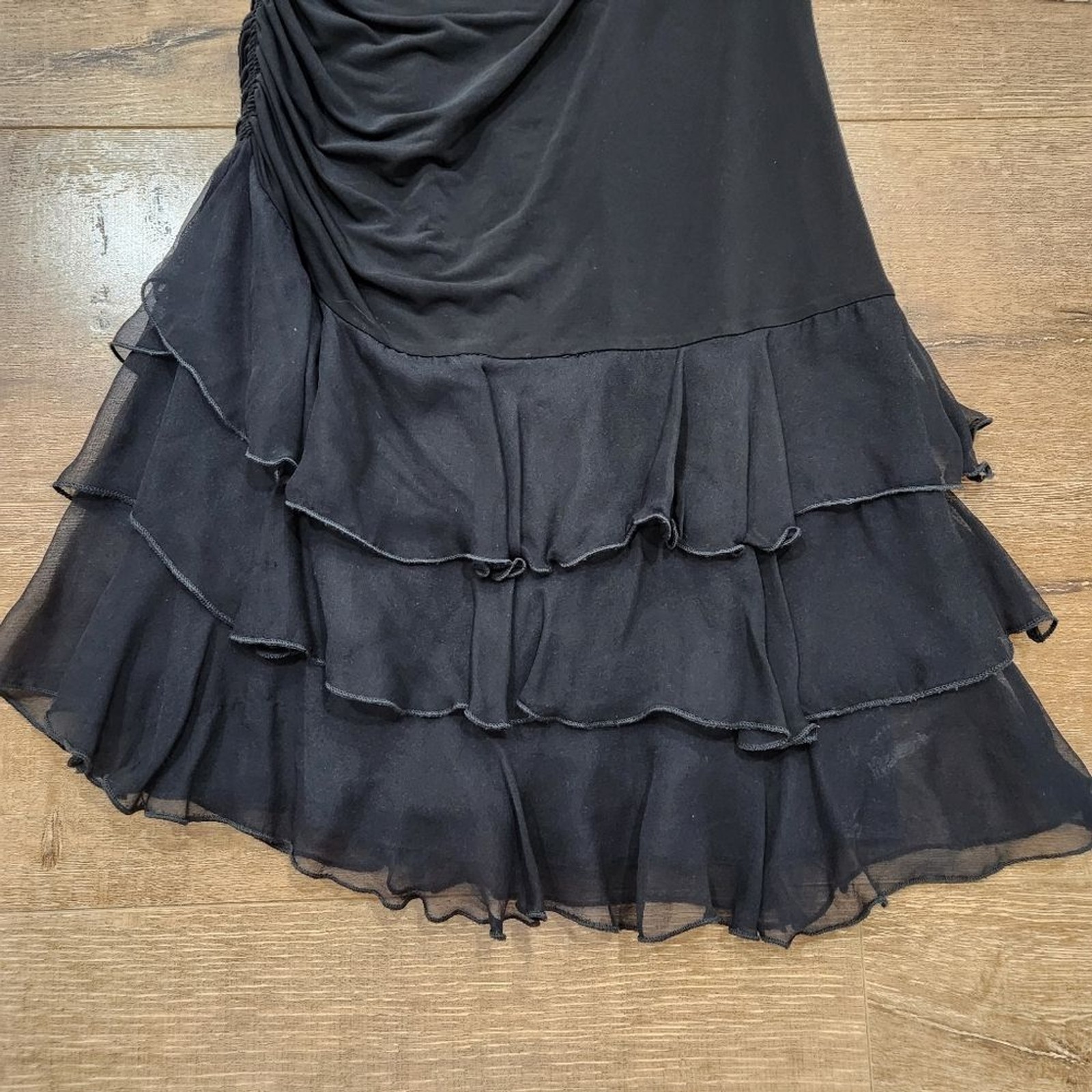 Vtg Y2K Bebe One Shoulder Ruched Tiered Fairy Black Mini Dress Med whimsygoth