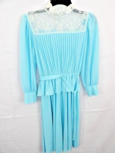 Vintage Handmade Lt Blue Crepe Dress Pintucks Front, Peplum Waist, Lace Neckline