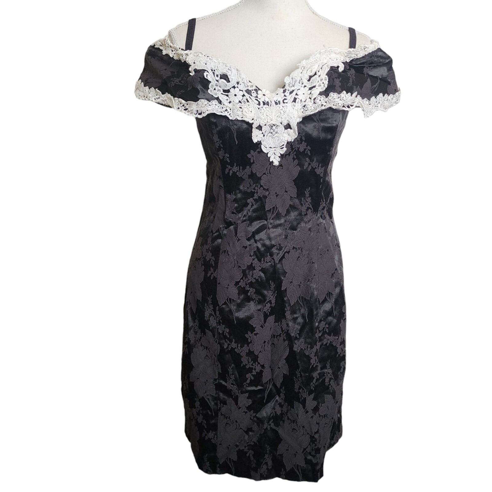 Women’s Black & White Vtg 1980s Solid Color Floral Print Cocktail Dress Sz 9/10