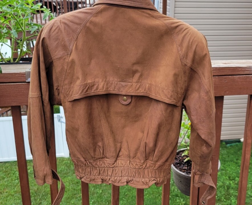 VTG 80s Maggie Lawrence Brown Leather Pleated Snap Up Jacket Sz Med (oversized)