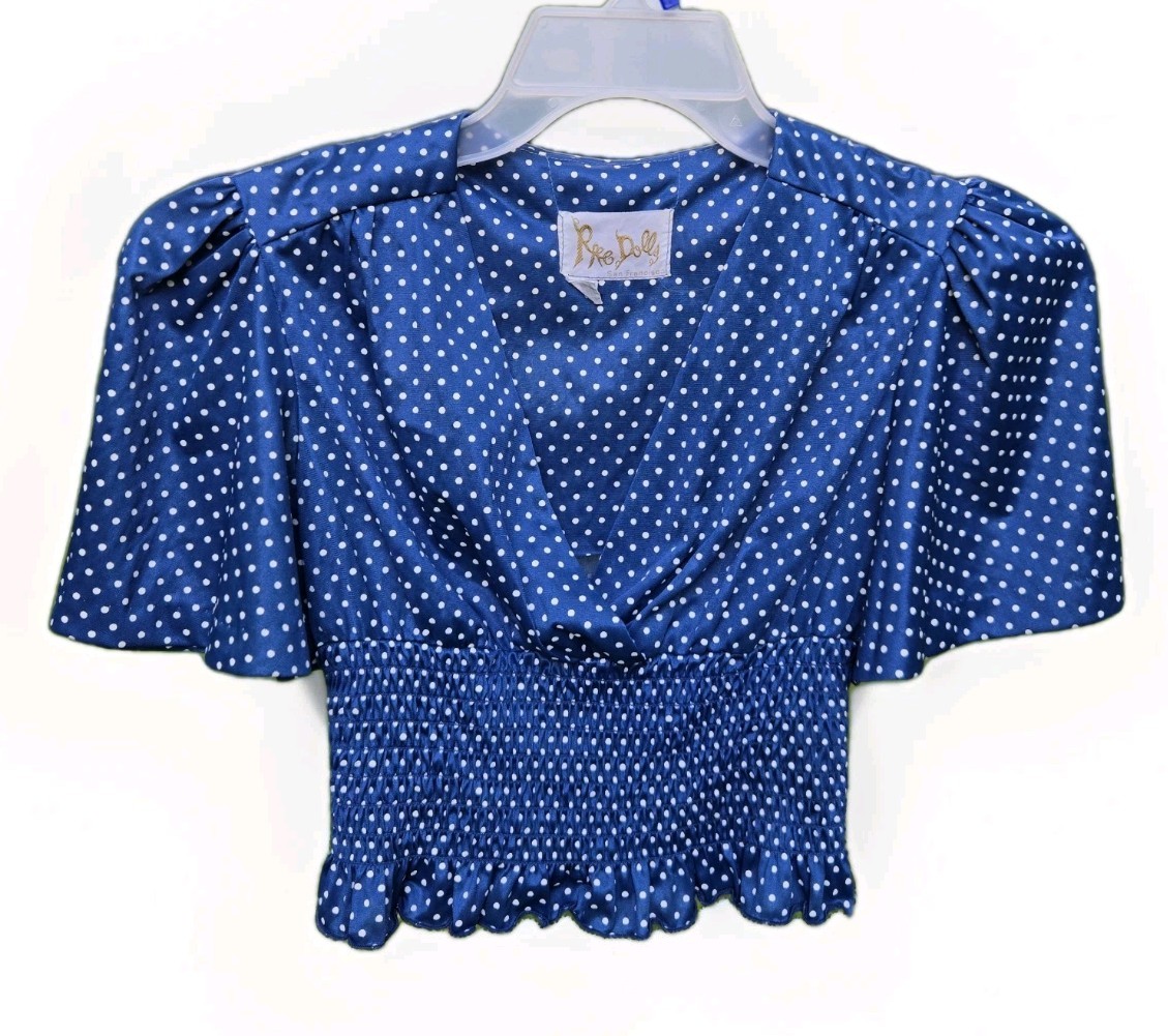 Vintage Rag Dolls Polka Dot Crop Top Navy White Size SMALL 1970s Pin Up