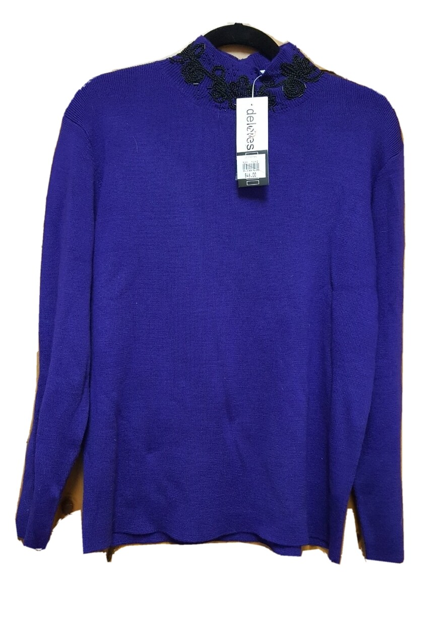Vtg Delores Bell NWT Tunic Sweater Purple Beaded Mock Neck Pullover Acrylic/Wool