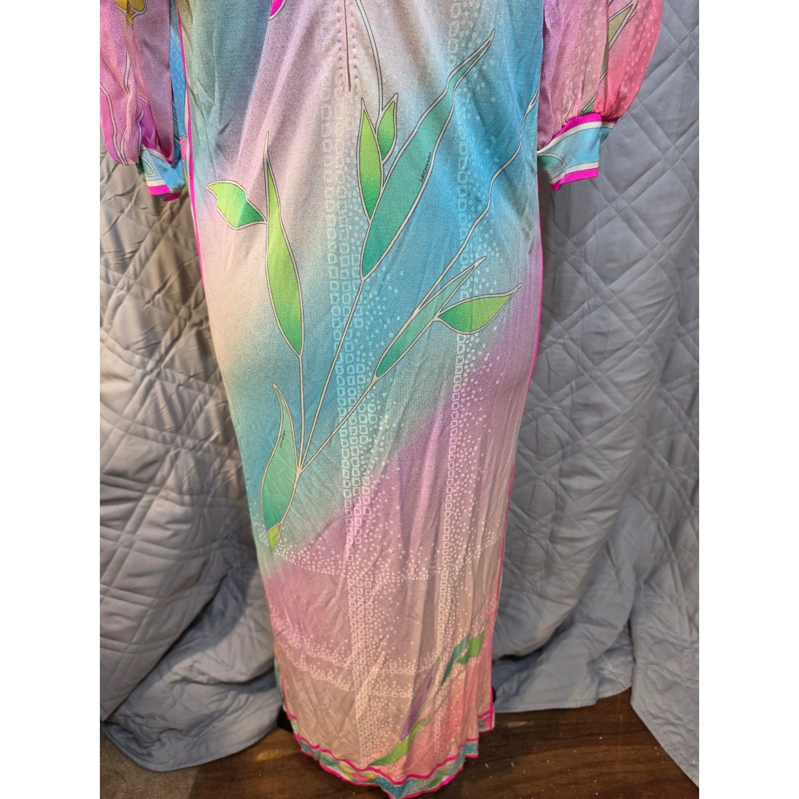 Vintage 70s Leonard Paris Silk Jersey Mikado Floral Maxi Dress Pastel Watercolor