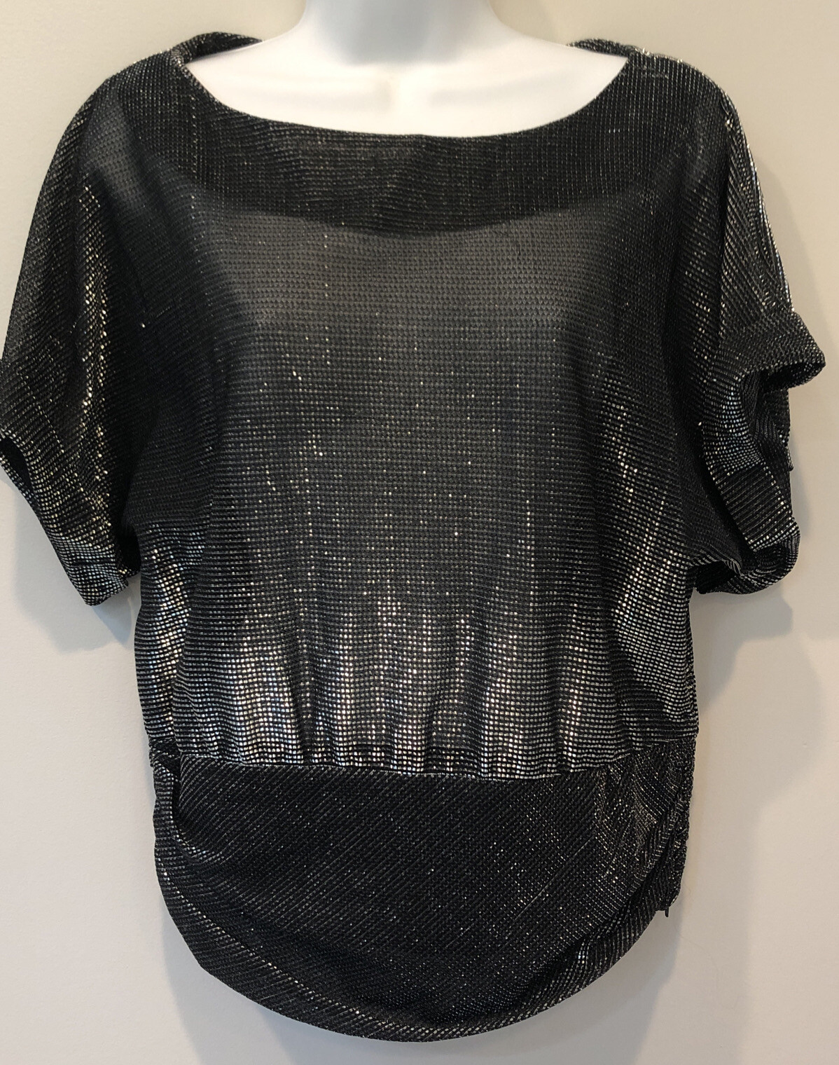 Vintage 1990’s Sparkle Shiny Flash Dance Semi Sheer Shirt Top Small Black Silver