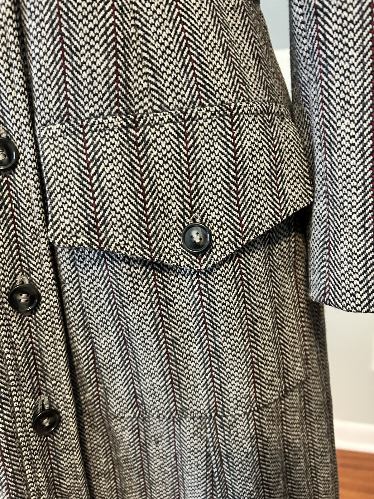 Vintage 1940 Hand-Tailored Herringbone Wool Princess Coat Long Fitted Gorgeous S