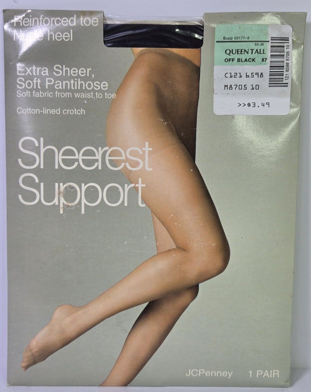 Vintage JC Penney Pantyhose Q Tall Off Black Sheerest Support Reinforced Toe NOS
