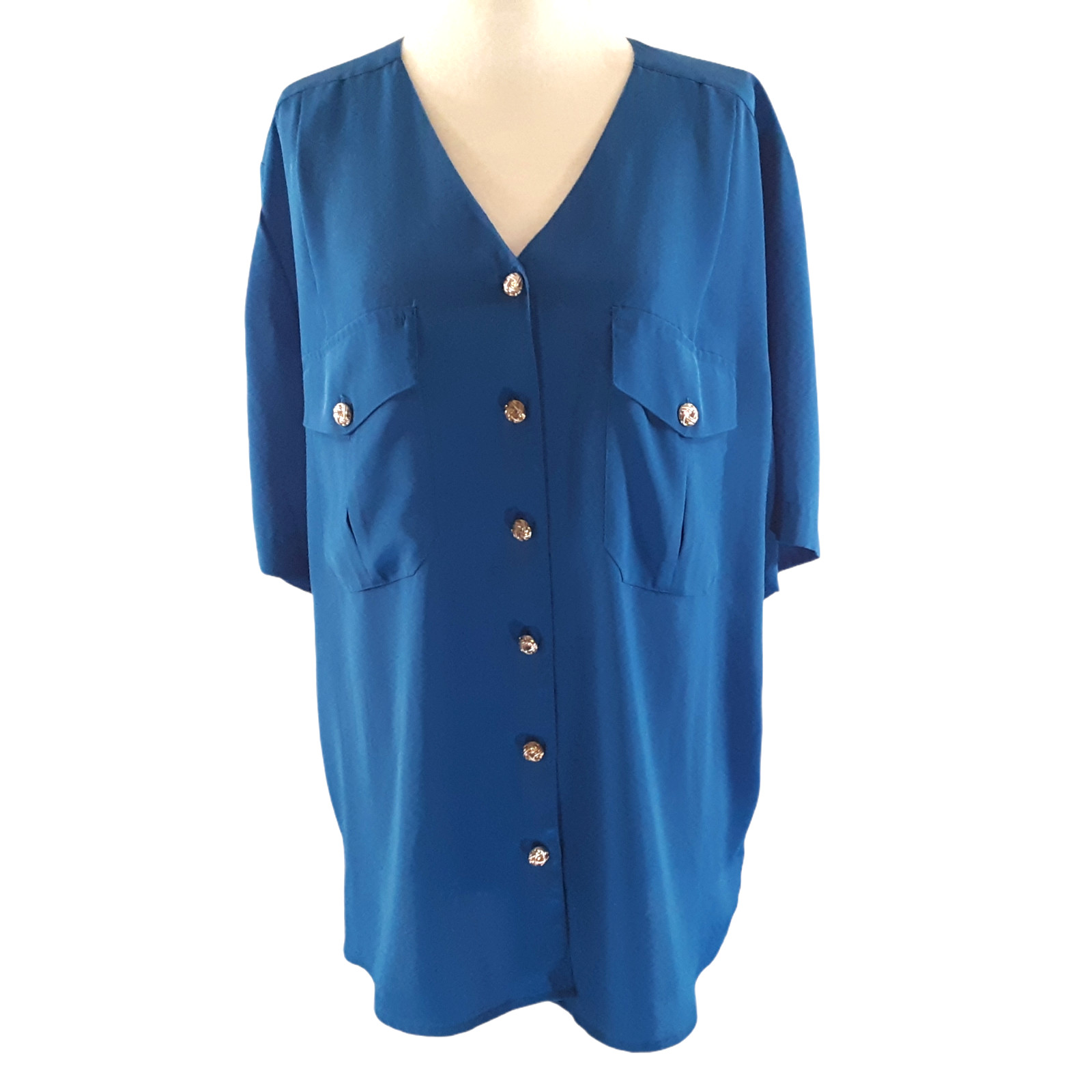 Ship ‘N Shore Career Dress Blouse Top Size 14 Blue Classic Metal Buttons Pockets