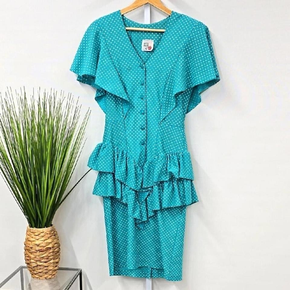 KR of NY Vintage 80s Teal Polka Dot Ruffle Peplum Dress Size 7/8 Made in USA