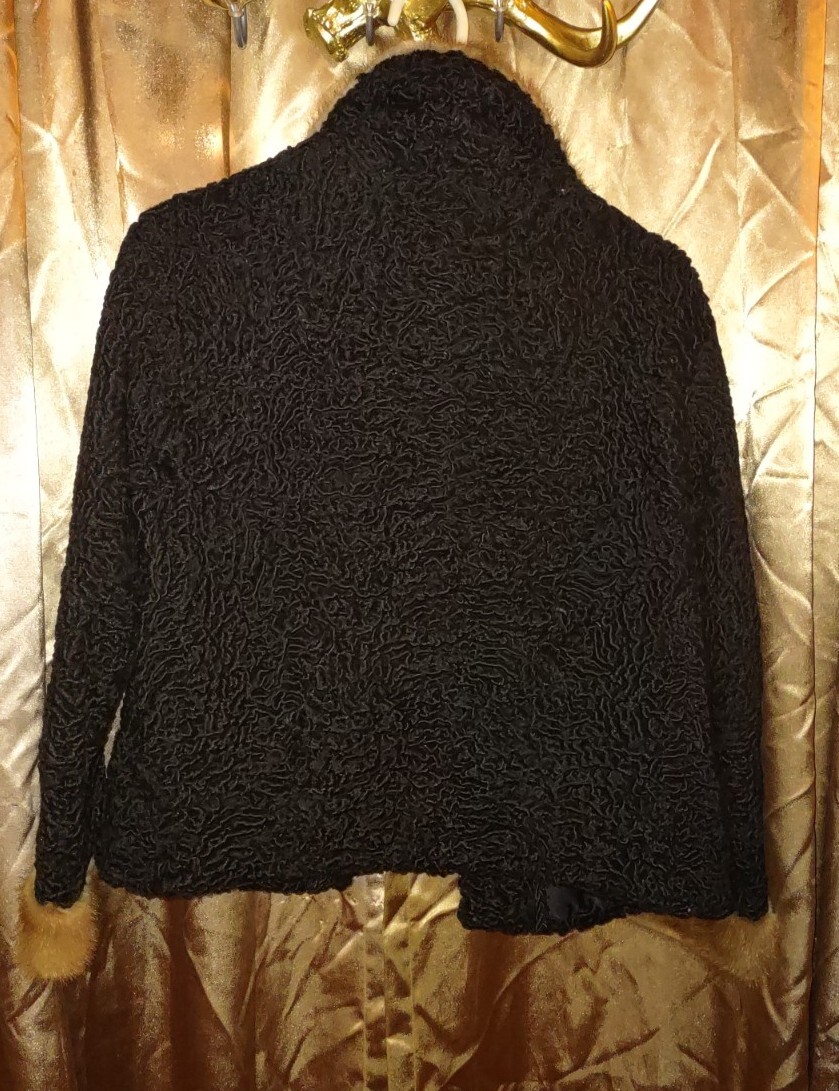 Vintage Persian Black Curly Lamb Wool Coat Brown Mink Fur Collar Satin Monogram