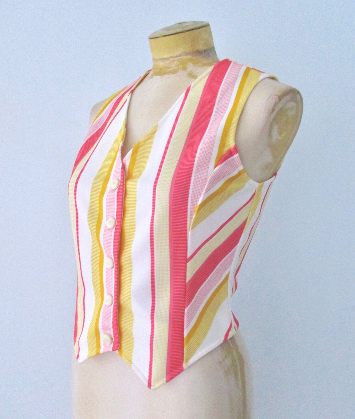 Vtg 70s Disco Red Yellow Gold Diagonal Stripe Polyester Knit Button Vest 12