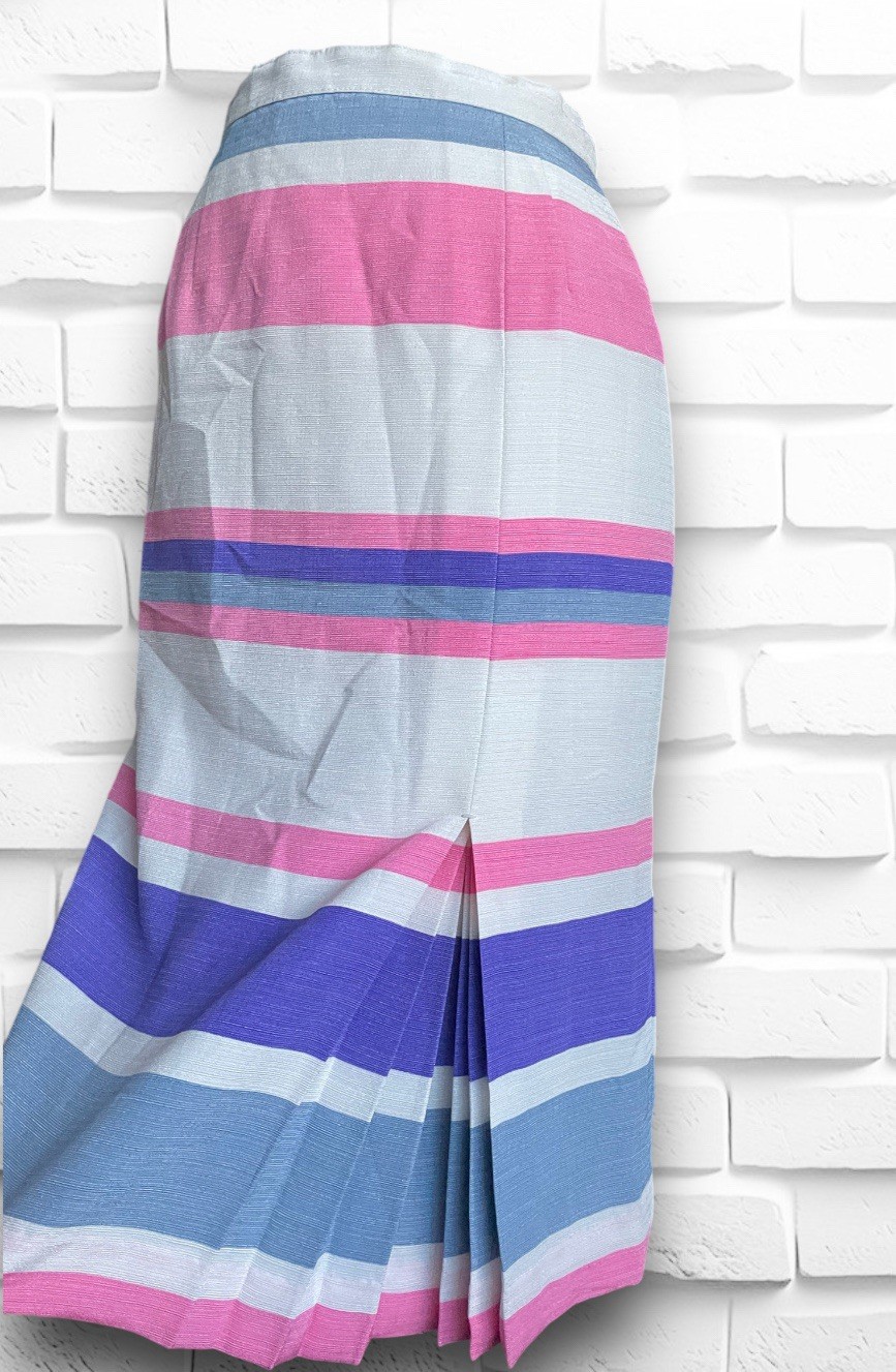 1960’s Pink, Purple, White & Grey Striped Skirt & Long Sleeve Ruffle Shirt Set
