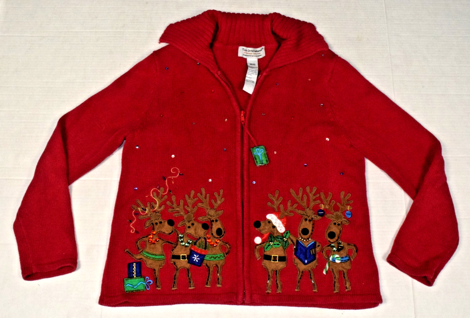 Vintage Sweater Tiara International Zip Up Size M 90s Red Reindeer Ramie Cotton
