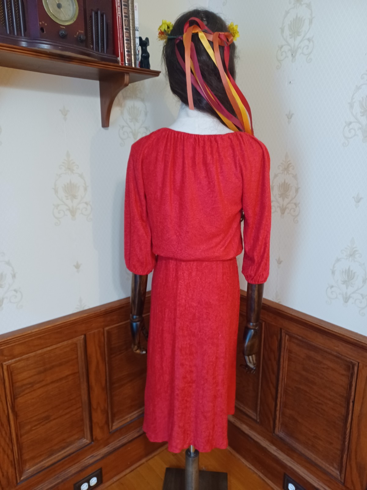 Vintage 1960s/1970s Red Terrycloth Puff Sleeve Boho Hippie Hostess Midi Dress