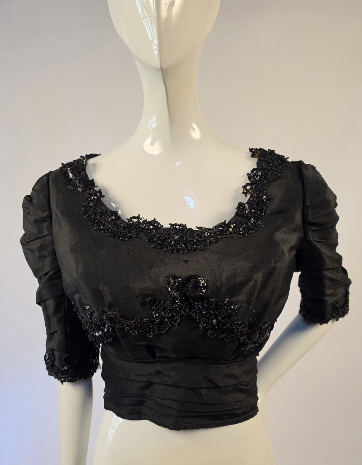 EARLY EDWARDIAN BLACK EVENING BODICE W SEQUIN + BEAD TRIM