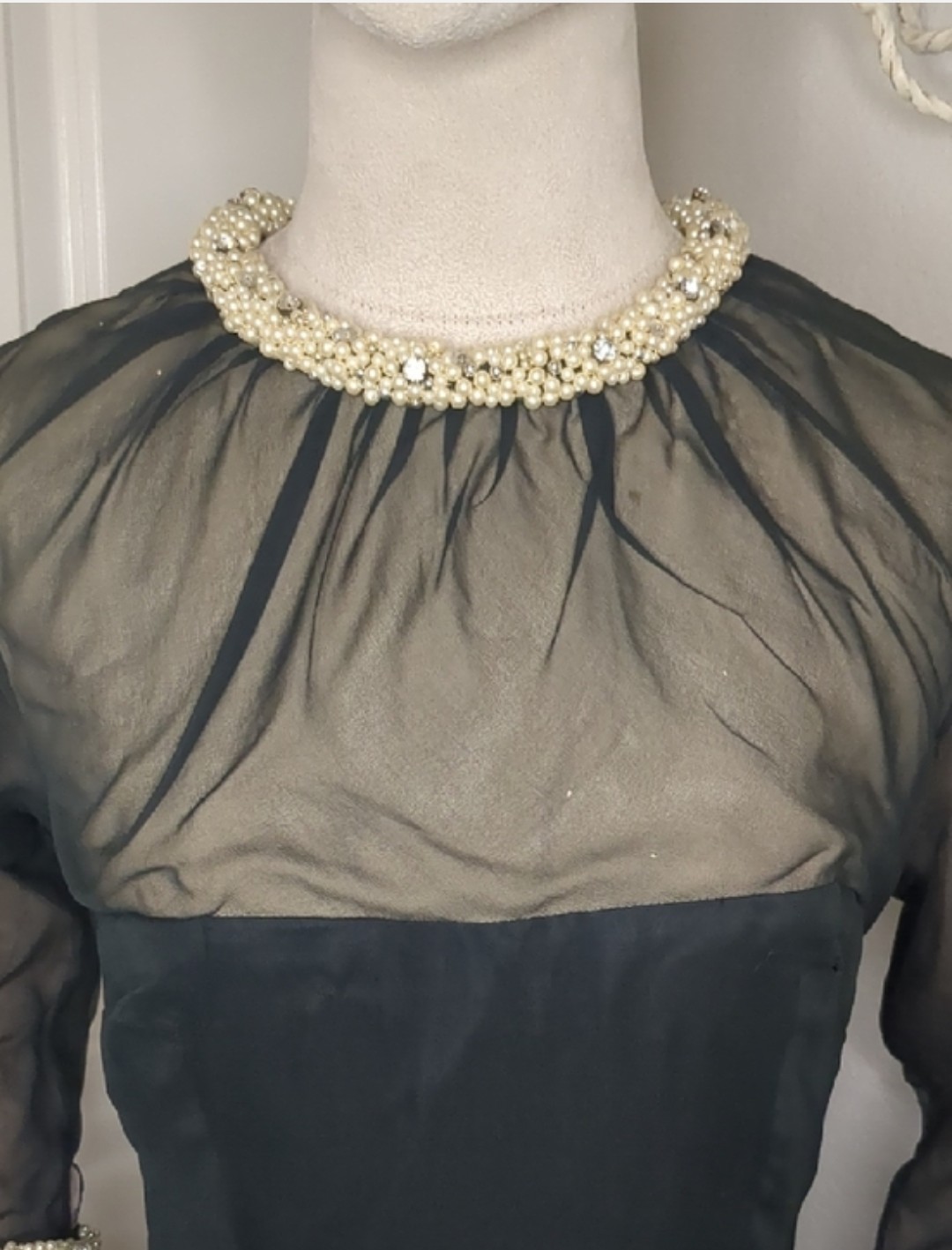 Vintage 60s Lilli Diamond Black Sheer Long Sleeve Wiggle Dress Pearl Beaded
