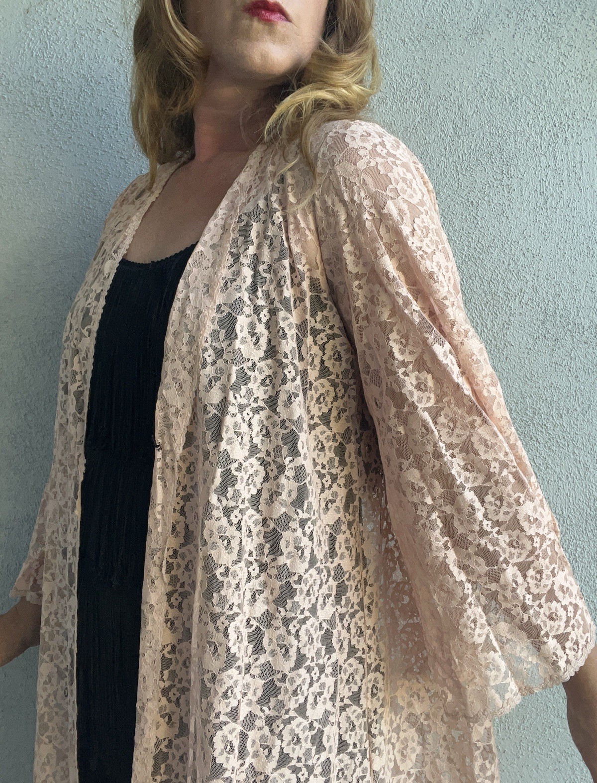Rare VTG Olga 9120 Pink Lace Open Duster Robe Peignoir Full Length Boudoir M USA